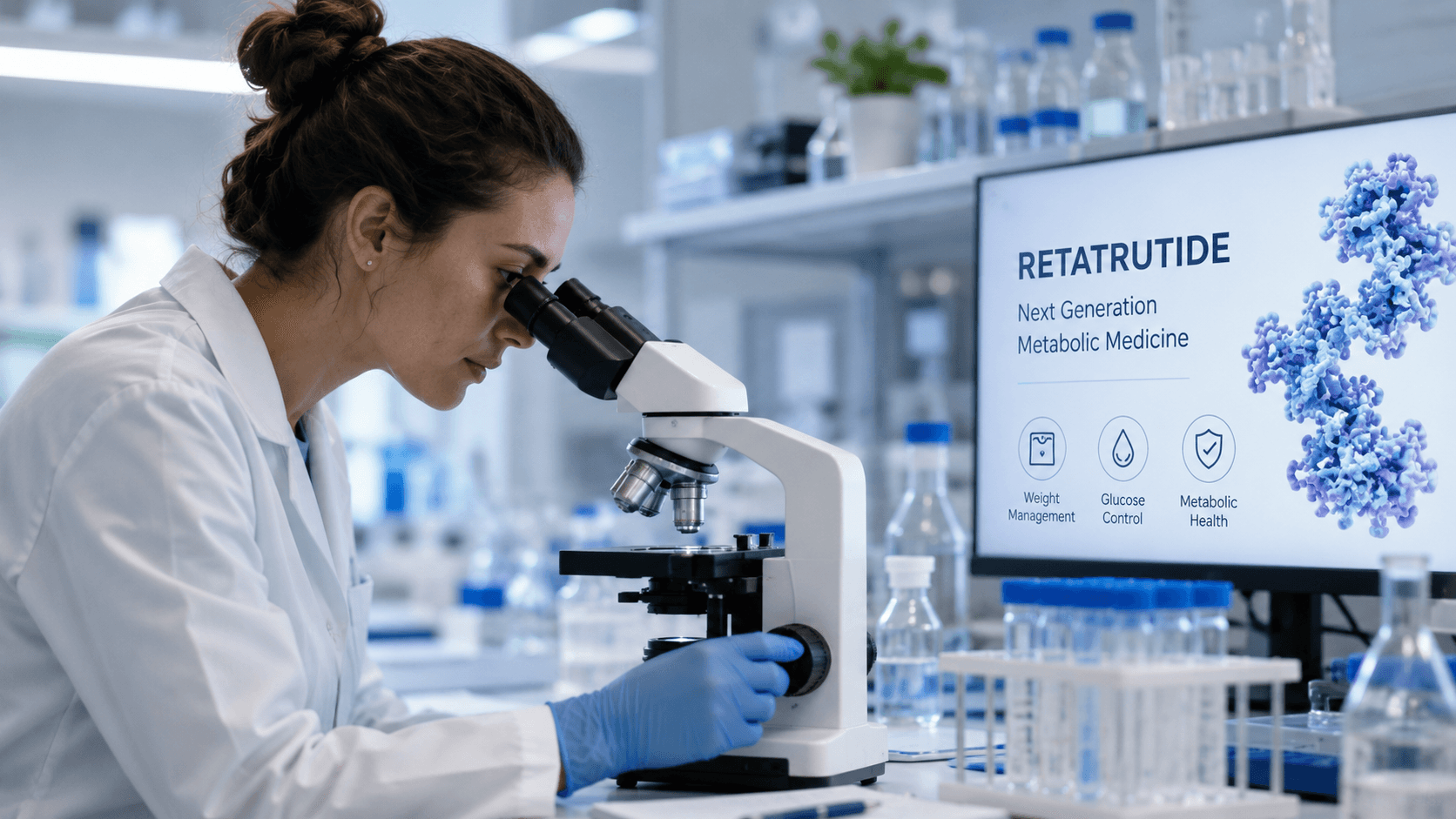 Female scientist wearing a lab coat looking through a microscope in a modern laboratory, with test tubes and research equipment visible, representing scientific research into retatrutide and weight loss treatments