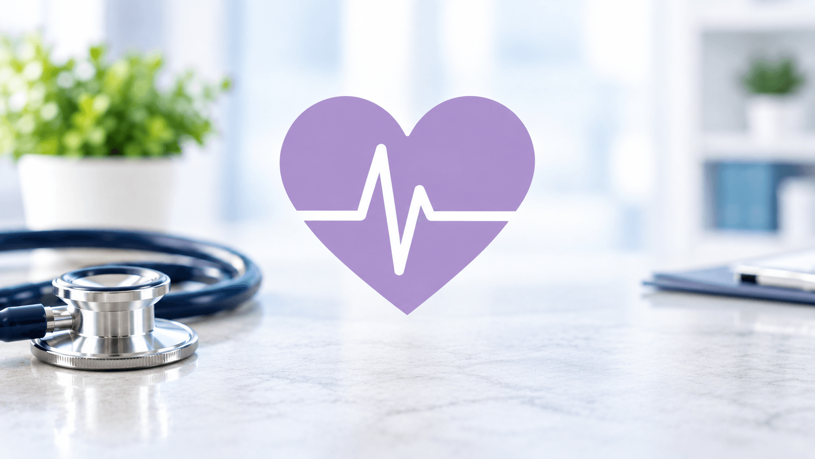 Purple heart with ECG line in a clean clinical setting with a stethoscope, representing cardiovascular health and diabetes care.