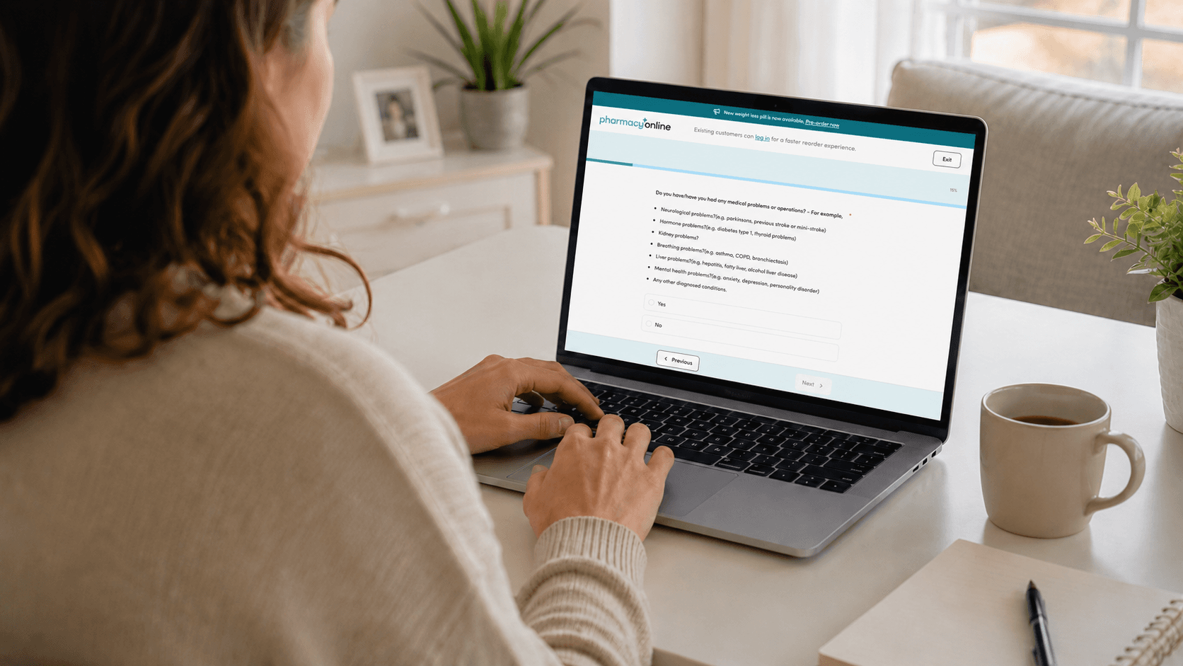 Person completing an online pharmacy weight loss assessment on a laptop at home, answering medical questionnaire questions in a bright, comfortable workspace.