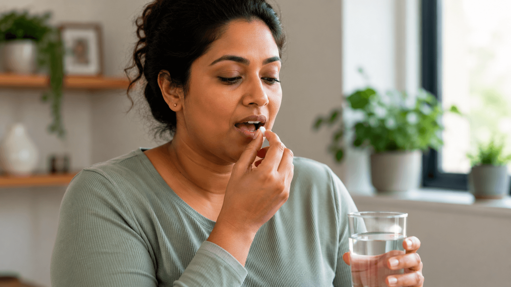 Woman holding a glass of water as she prepares to take an oral tablet at home.
