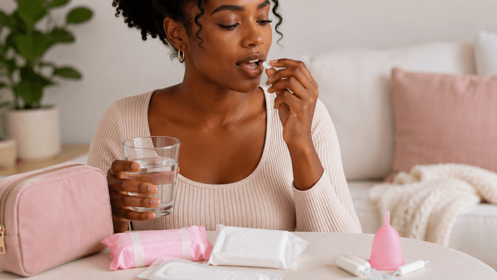 A woman taking a tablet with a glass of water, with sanitary pads, tampons and a menstrual cup on a table beside her.