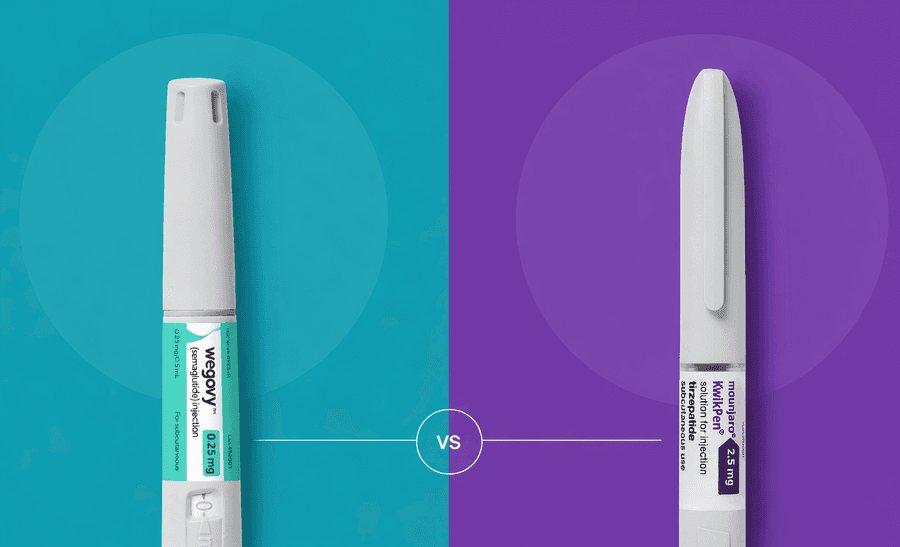 An image of a Wegovy injection pen on a blue/teal background side-by-side with a Mounjaro injection pen on a purple background