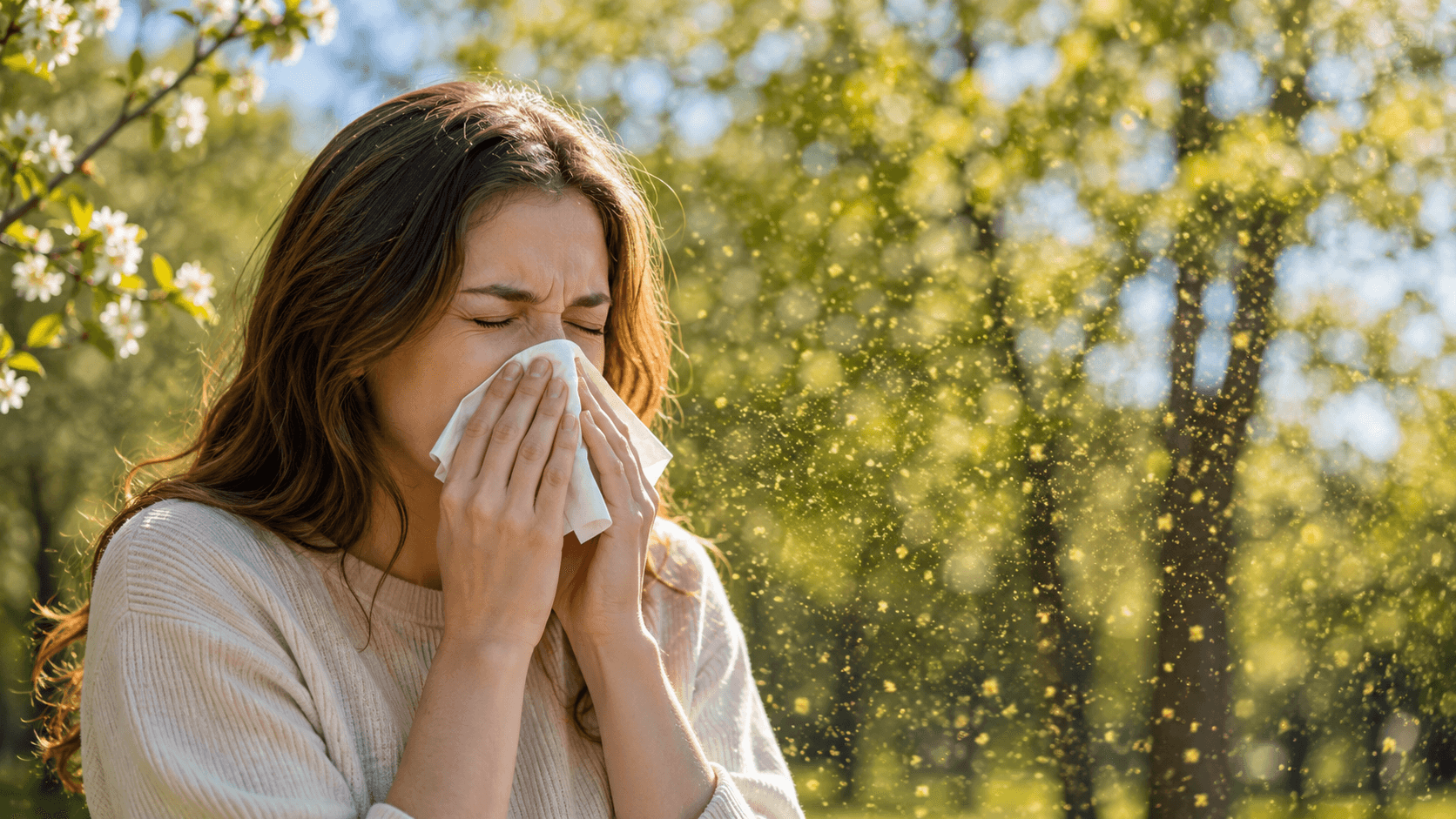 Woman sneezing into a tissue outdoors during hay fever season with trees and visible pollen floating in the air.