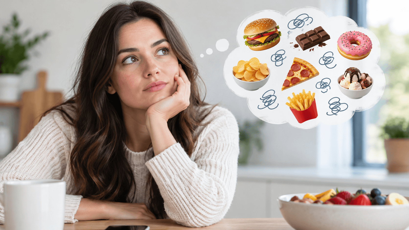 A woman thinking about food cravings, with a thought bubble showing burgers, chocolate, pizza, doughnuts, crisps and ice cream.