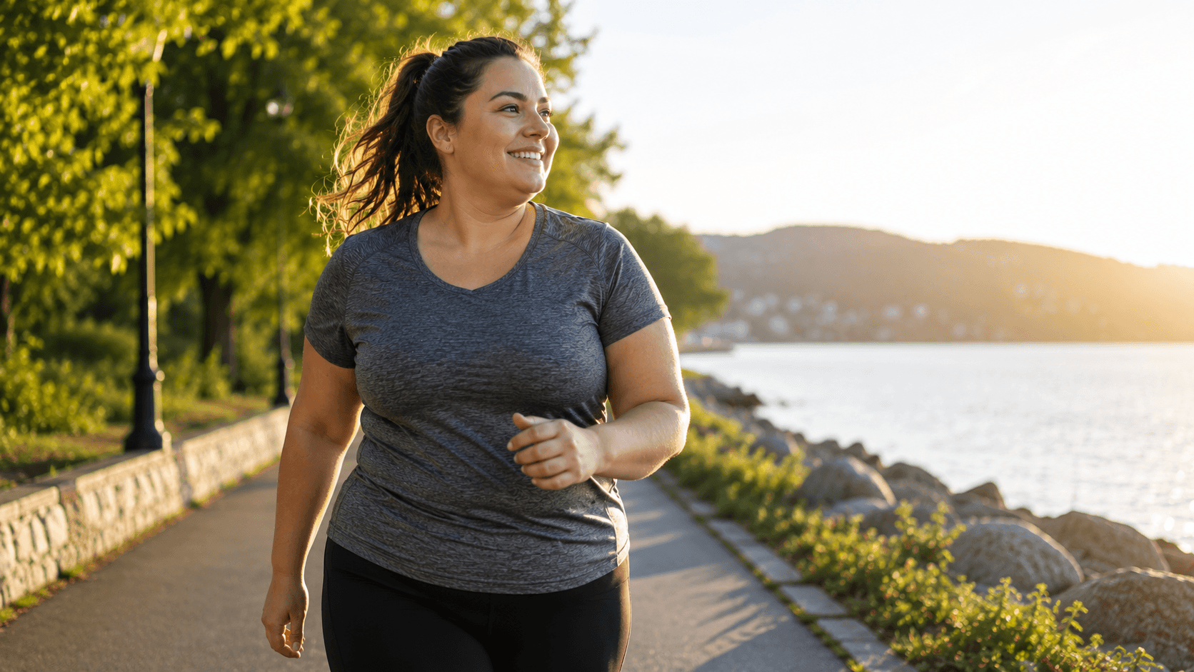 Woman walking outdoors along a waterfront path at sunset, smiling and looking energised while enjoying light exercise.