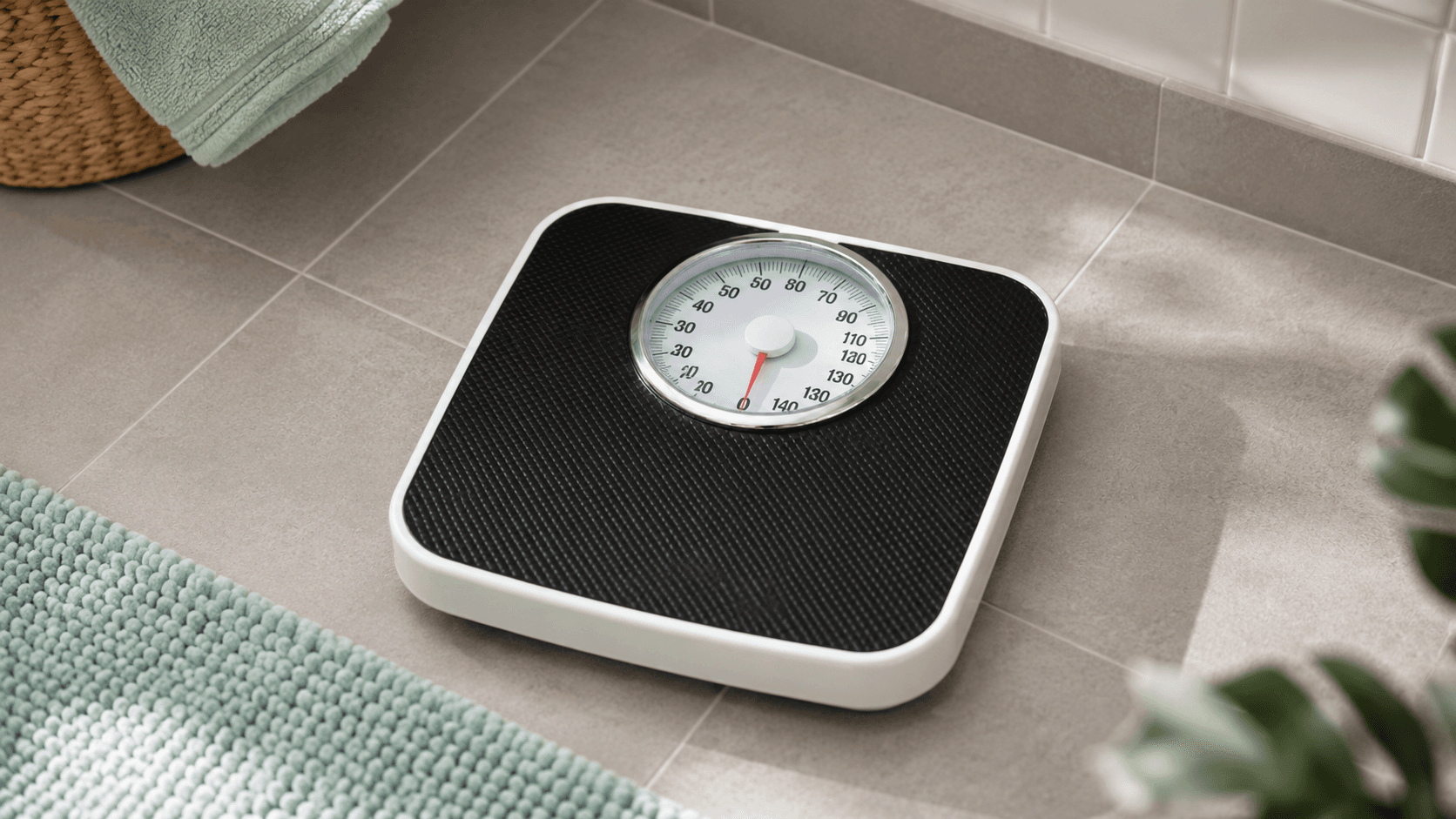 Bathroom floor scales on tiled flooring, with a bath mat, basket and greenery in the background.