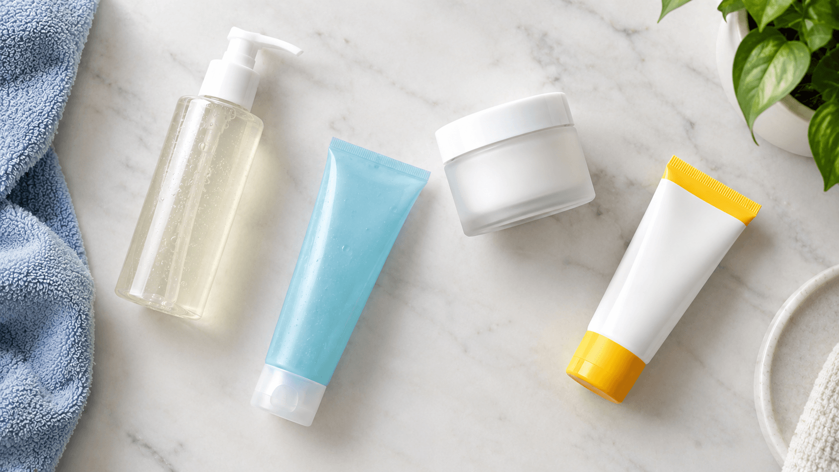 Flat lay of unbranded skincare products, including a gentle cleanser, gel tube, oil-free moisturiser and sunscreen on a marble countertop.