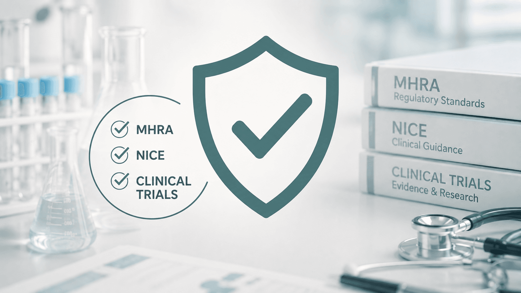 Shield with a tick beside an MHRA, NICE and clinical trials checklist over a blurred medical background with lab equipment and a stethoscope.