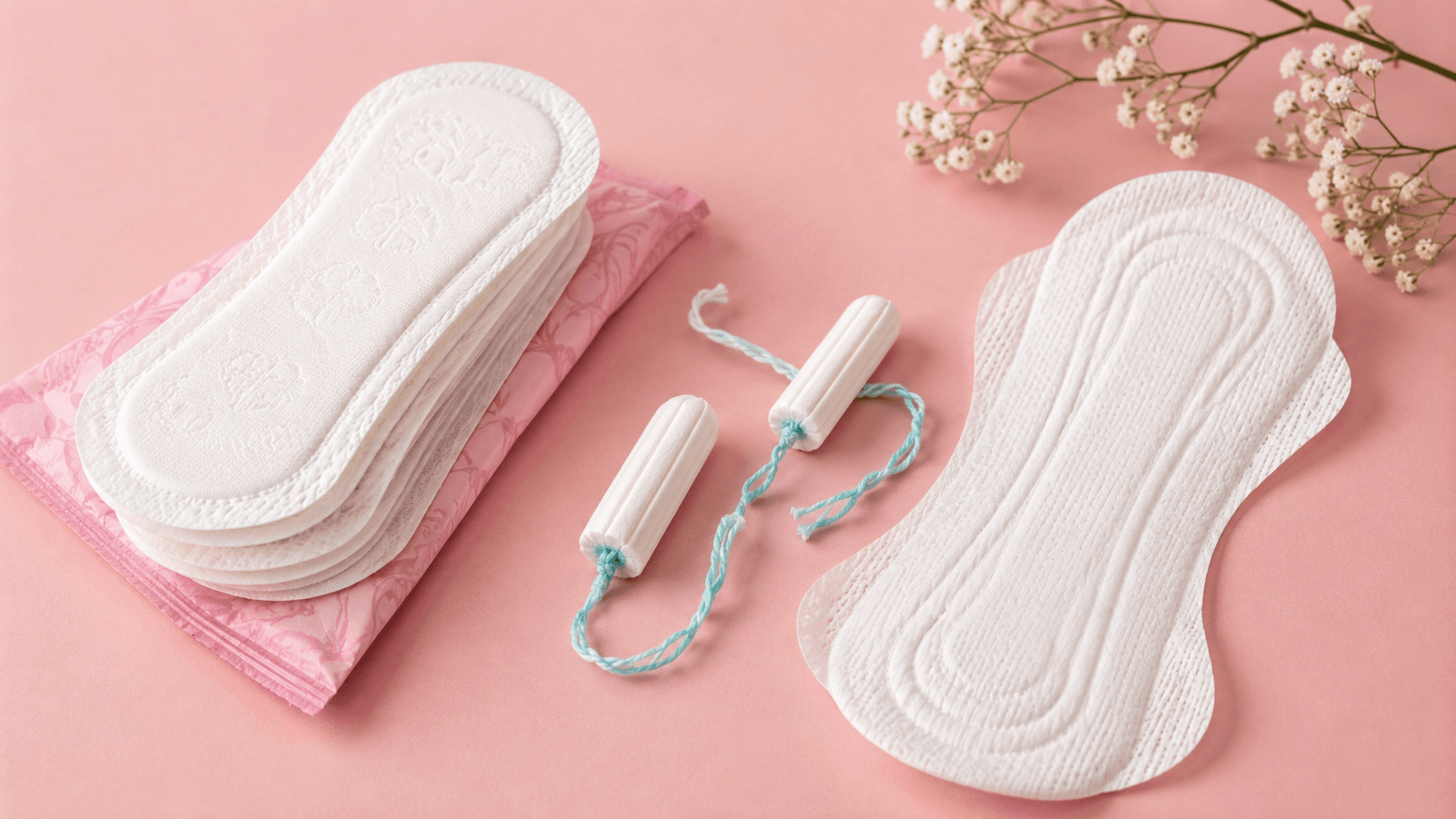 Period products: sanitary pads and tampons sitting on a pink background