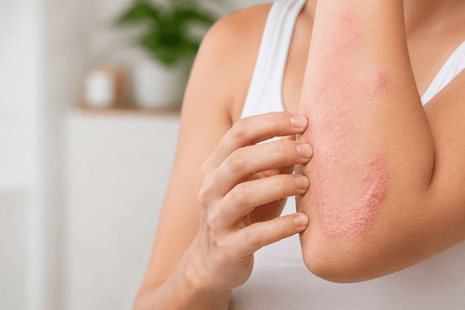 Close-up of a person gently touching a red, dry, flaky patch of irritated skin on the inside of their elbow, illustrating eczema or psoriasis symptoms.