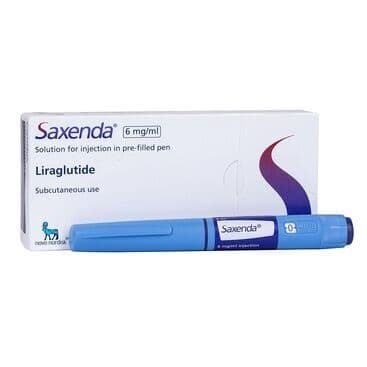 A product image of a Saxenda injection pen and the packaging box