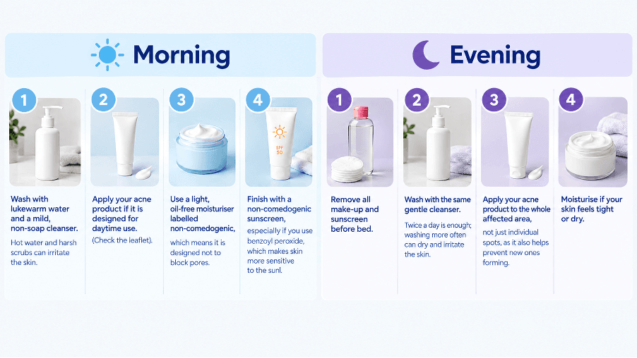 How to get rid of acne: 4-step morning and evening skincare routine with cleanser, acne treatment, moisturiser, sunscreen and make-up remover