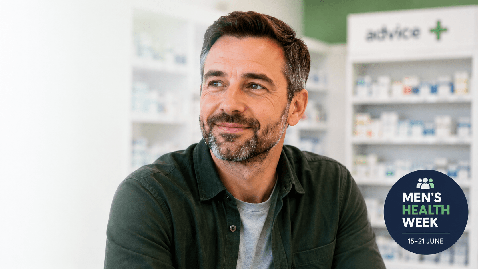 A picture of a man sitting in a Pharmacy with shelves in the background