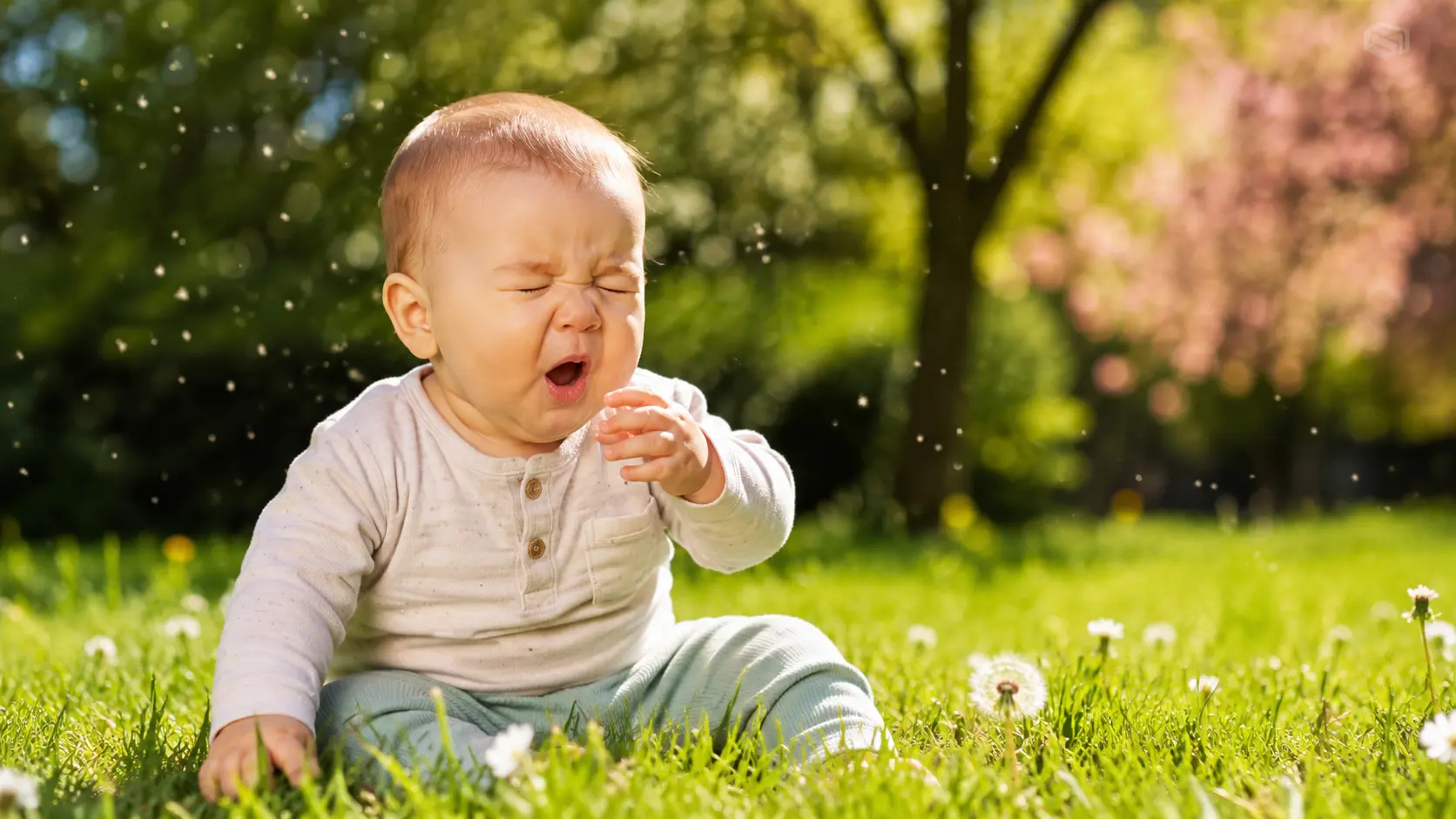 Baby sneezing while sitting in sunlit grass with pollen floating in the air, illustrating hay fever season.