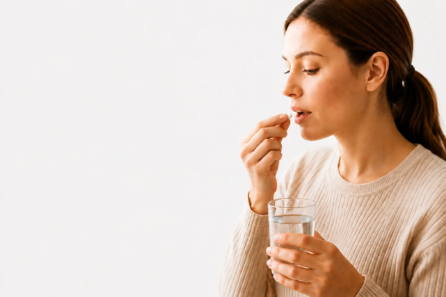 A woman holding a tablet to her mouth in one hand and a glass of water in the other as if getting ready to take a tablet