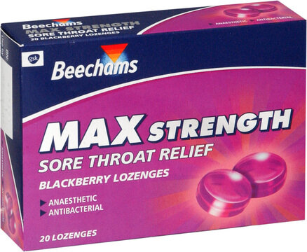 BEECHAMS sore throat relief lozenges max strength blackberry 1.2mg/2.5mg  20