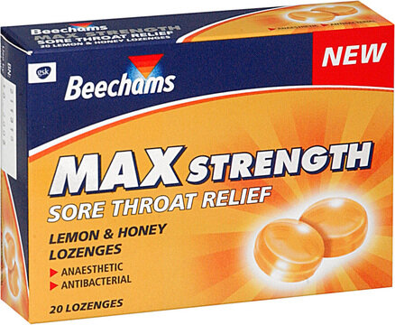 BEECHAMS sore throat relief lozenges max strength lemon & honey 1.2mg/2.5mg  20
