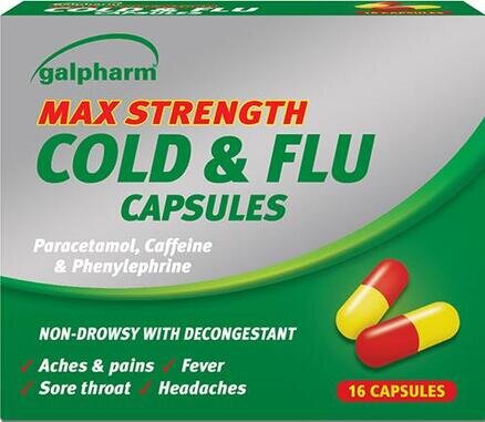 GALPHARM max strength cold & flu capsules 25mg/500mg/6.1 mg  16