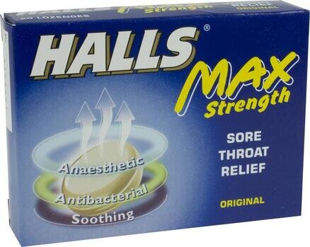 HALLS max strength sore throat relief lozenges original  20