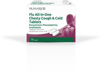 NUMARK OTC medicines cold & flu relief all in one chesty cough and cold tablets 100mg/250mg/5mg  16