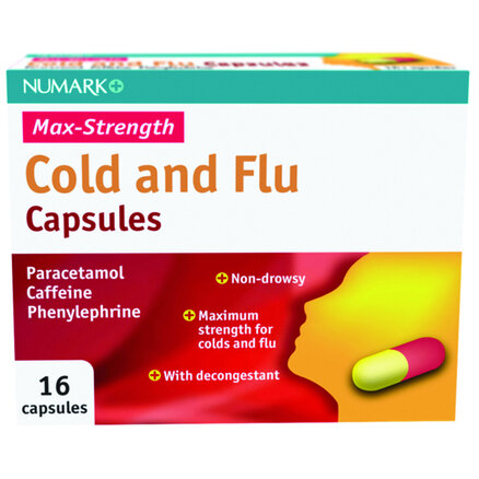 NUMARK OTC medicines cold & flu relief max strength cold & flu capsules 500mg/6.1mg  16