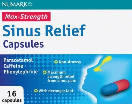 NUMARK OTC medicines cold & flu relief max strength sinus relief capsules 25mg/500mg/6.1mg  16