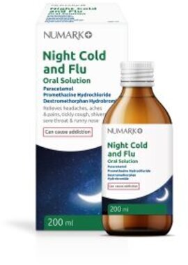 NUMARK OTC medicines cold & flu relief night time oral solution 15mg/1000mg/20mg 200ml