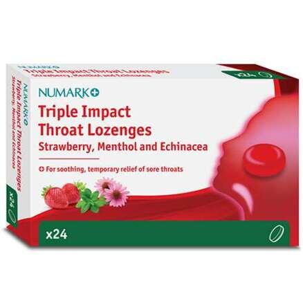 NUMARK OTC medicines throat lozengers triple impact strawberry, menthol & echinacea  24